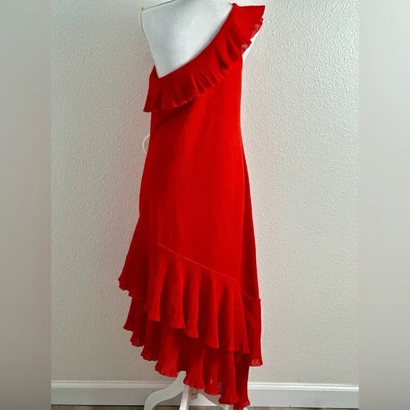 Mango Women’s Red One-Shoulder Asymmetric Ruffled Dress Size 10 - Picture 5 of 15